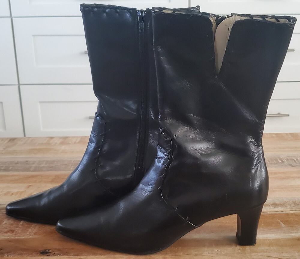Vintage Unisa Aegean Mid-Calf Black Leather Boots Women's Size 10